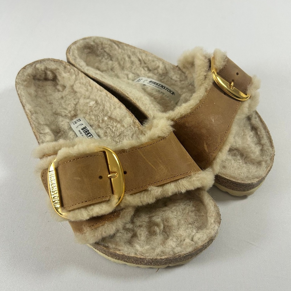 Birkenstock Madrid Big Buckle Sandals Women 37 Cognac Oiled Leather Shearling